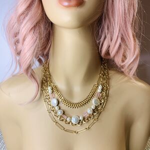 A New Day Gold Tone Multistrand Necklace Pink Faux Pearls Barbiecore